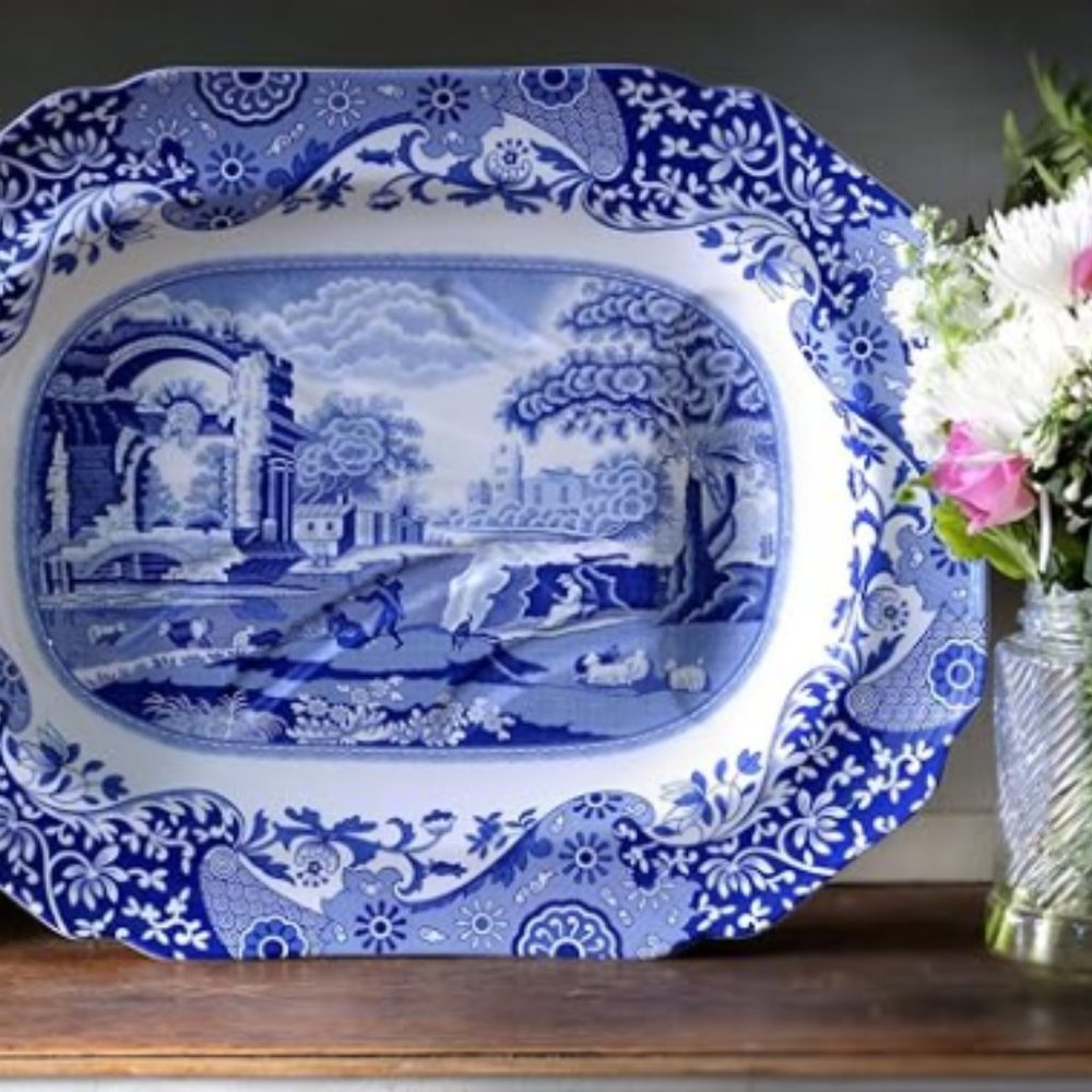 Spode Blue Italian Large Rectangular Handled Dish | Deep Baking Pan for Oven